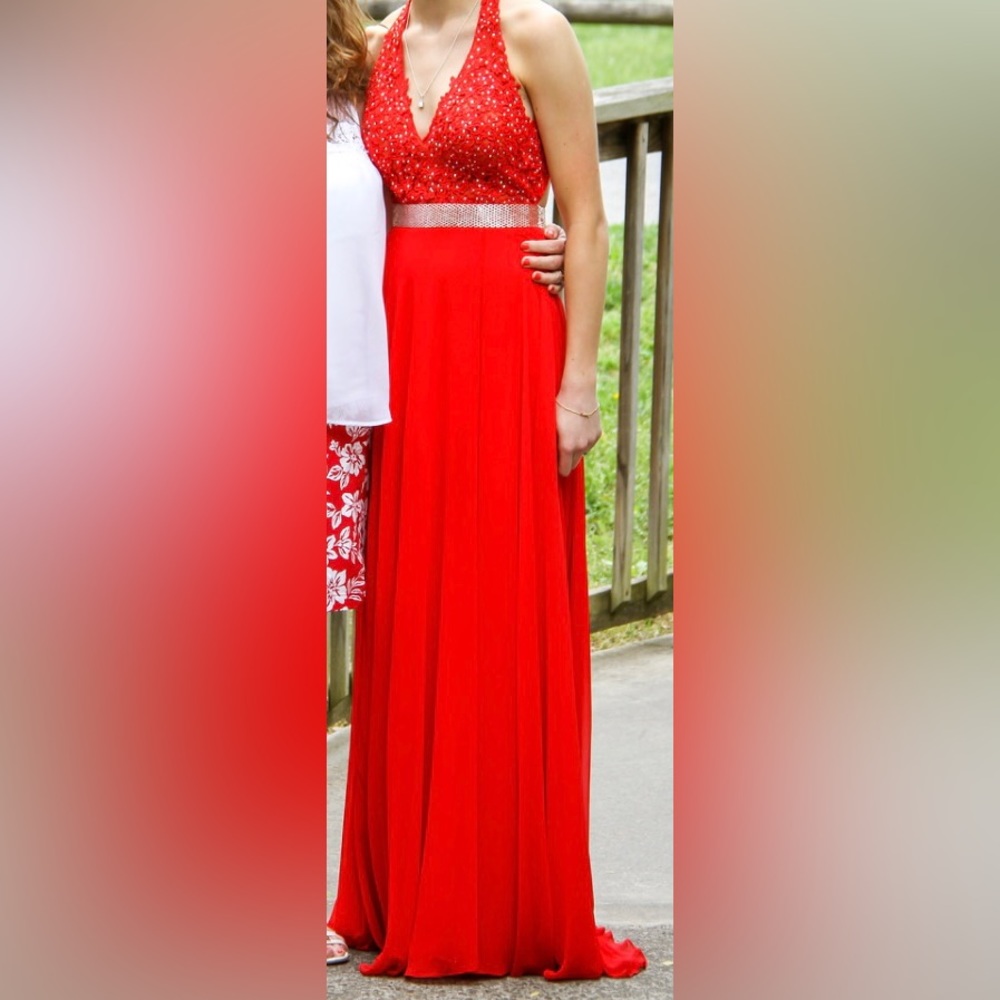 Red V neck prom dress with open back